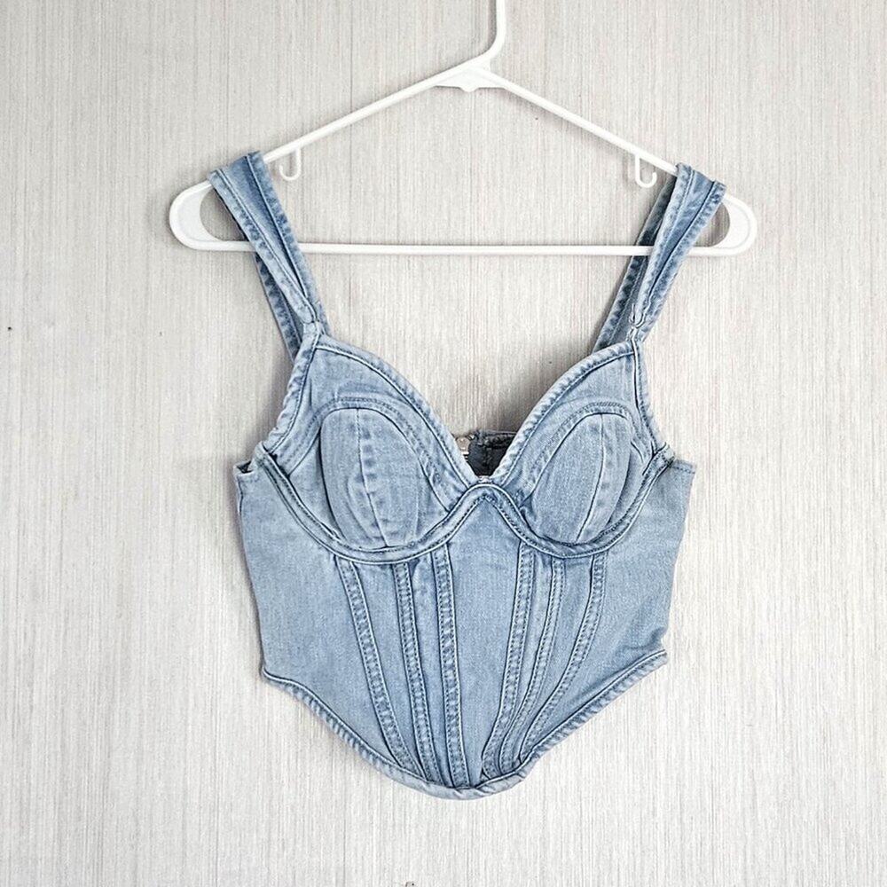 SALE Prettylittlething Light Blue Wash Dipped Hem Denim Corset Top sz US 0 NWT